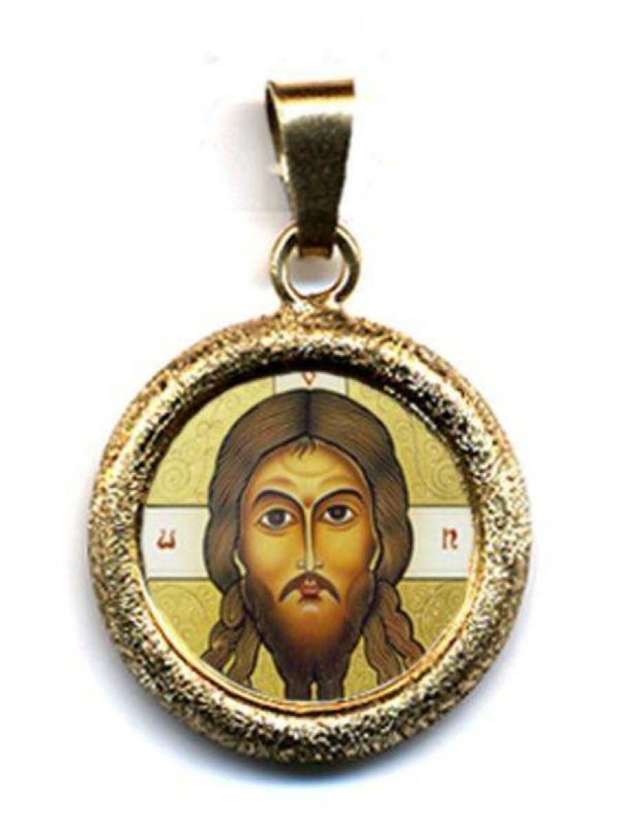 EB Arte Sacra Il Volto Santo Ciondolo Pendente Tondo Diamantato Diam Mm 19 (0,75 Inch) Argento Placcato Oro E Porcellana Uni Uomo Donna Confirmation