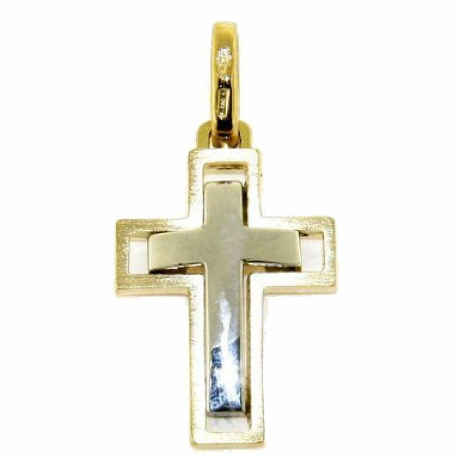 Vaticanum Gioielli in Oro Croce Doppia Ad Arco Ciondolo Pendente Gr 3 Bicolore Oro Massiccio Giallo Bianco 18Kt Da Uomo First Communion