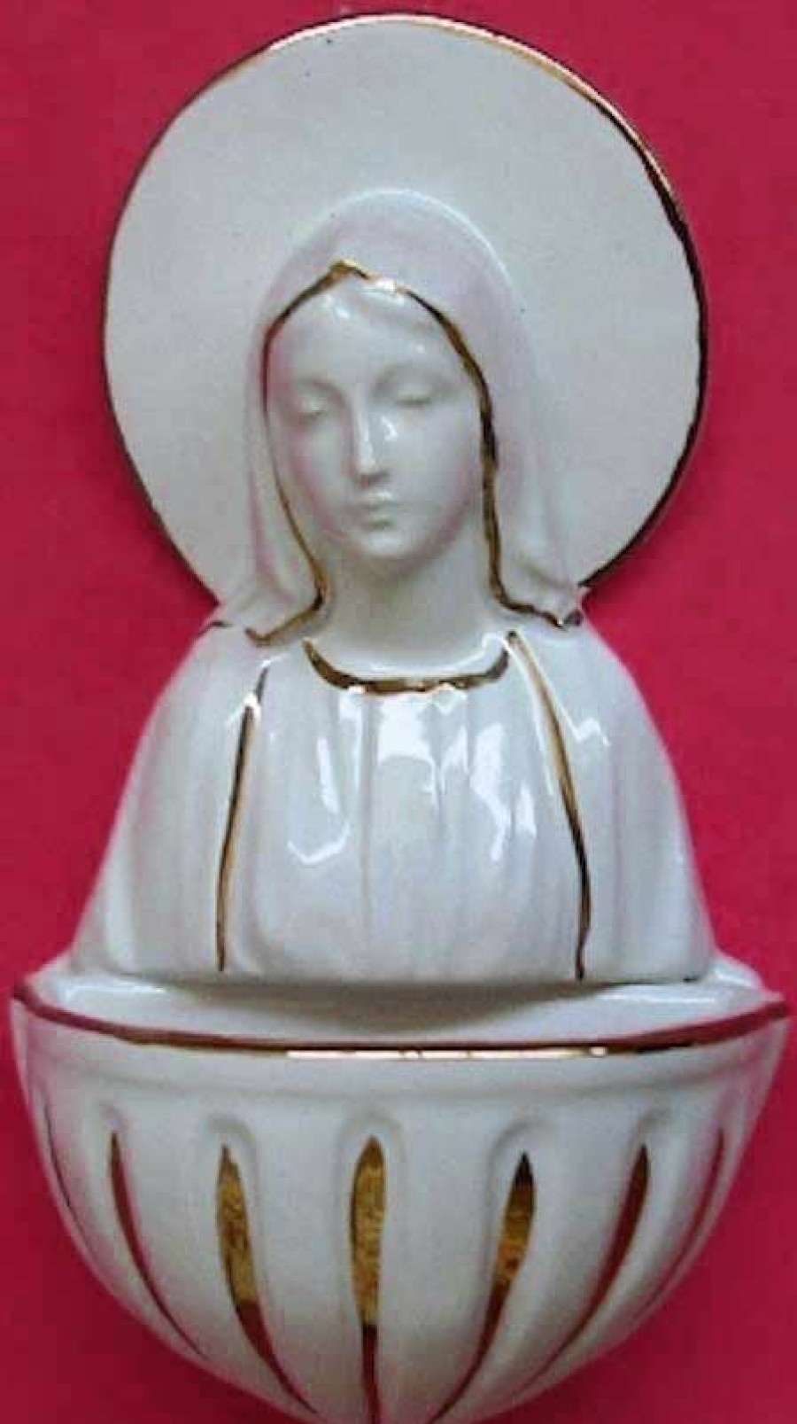 Maioliche Deruta Madonna Miracolosa Acquasantiera Cm 15 (5,9 In) Ceramica Invetriata Bianca Filo Oro Sacred & Religious Ceramics