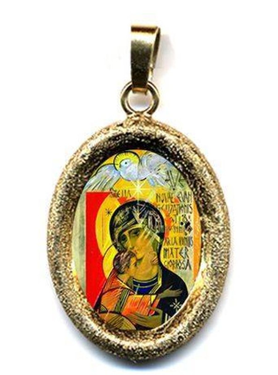 EB Arte Sacra Madonna Con Bambino Ciondolo Pendente Ovale Diamantato Mm 19X24 (0,75X0,95 Inch) Argento Placcato Oro E Porcellana Uni Uomo Donna Italian Rosaries & Made In Italy Jewelry