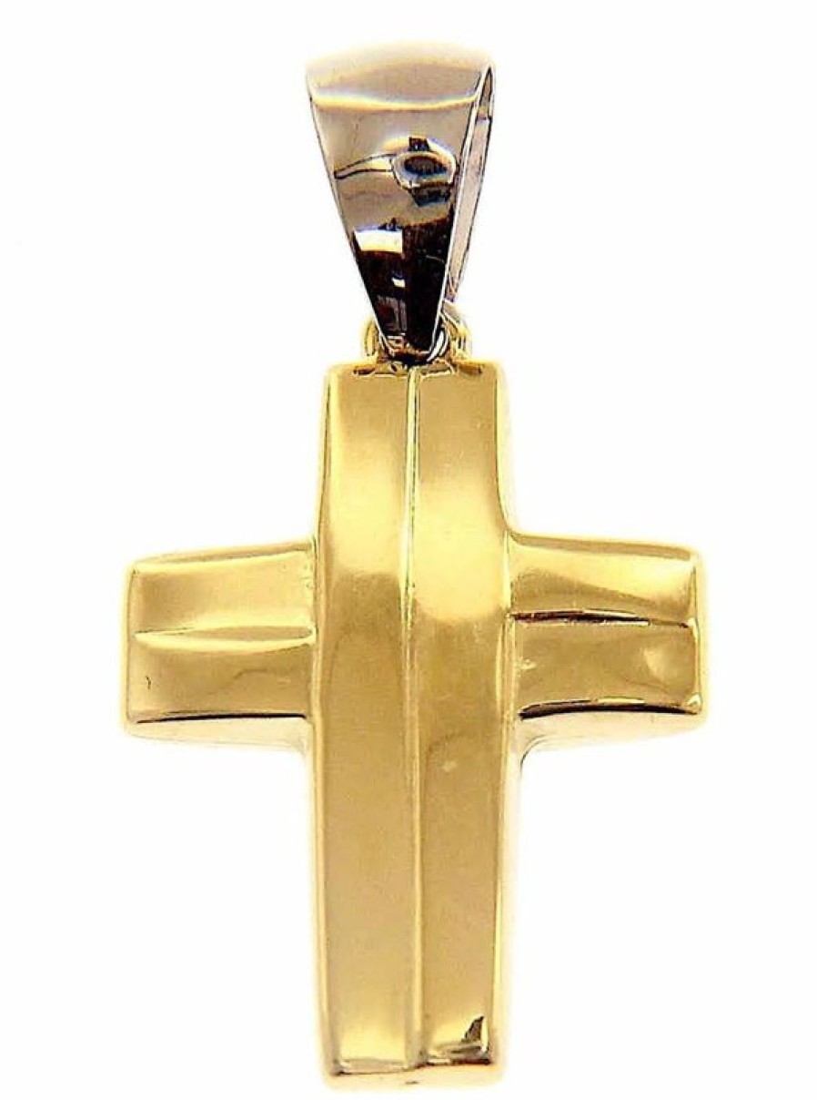 Vaticanum Gioielli in Oro Croce Bombata Lavorata Ciondolo Pendente Gr 1,25 Bicolore Oro Giallo Bianco 18Kt A Canna Vuota Uni Donna Uomo First Communion