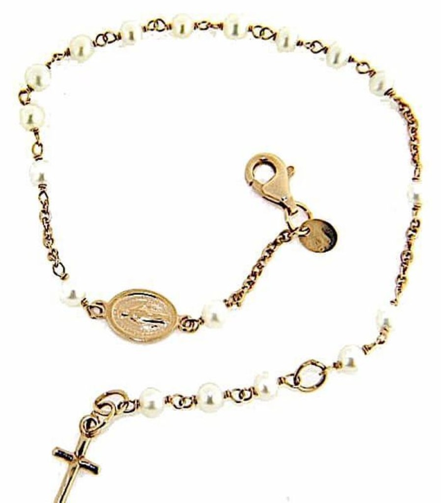 Vaticanum Gioielli in Oro Bracciale Rosario Con Medaglia Madonna Miracolosa E Croce Gr 3,1 Oro Rosa 18Kt Con Perle Da Donna Baptism