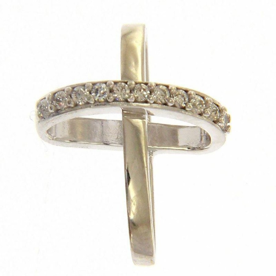 Vaticanum Gioielli in Oro Croce Con Bracci Ad Anello E Punti Luce Ciondolo Pendente Gr 1,15 Oro Bianco 18Kt Con Zirconi Da Donna First Communion