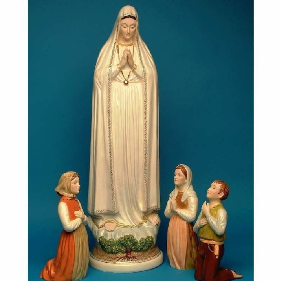 Maioliche Deruta Gruppo 4 Statue Madonna Di Fatima E Pastorelli Cm 100 (39,4 In) E Cm 40 (15,7 In) Ceramica Invetriata Di Deruta Dipinta A Mano Sacred & Religious Ceramics