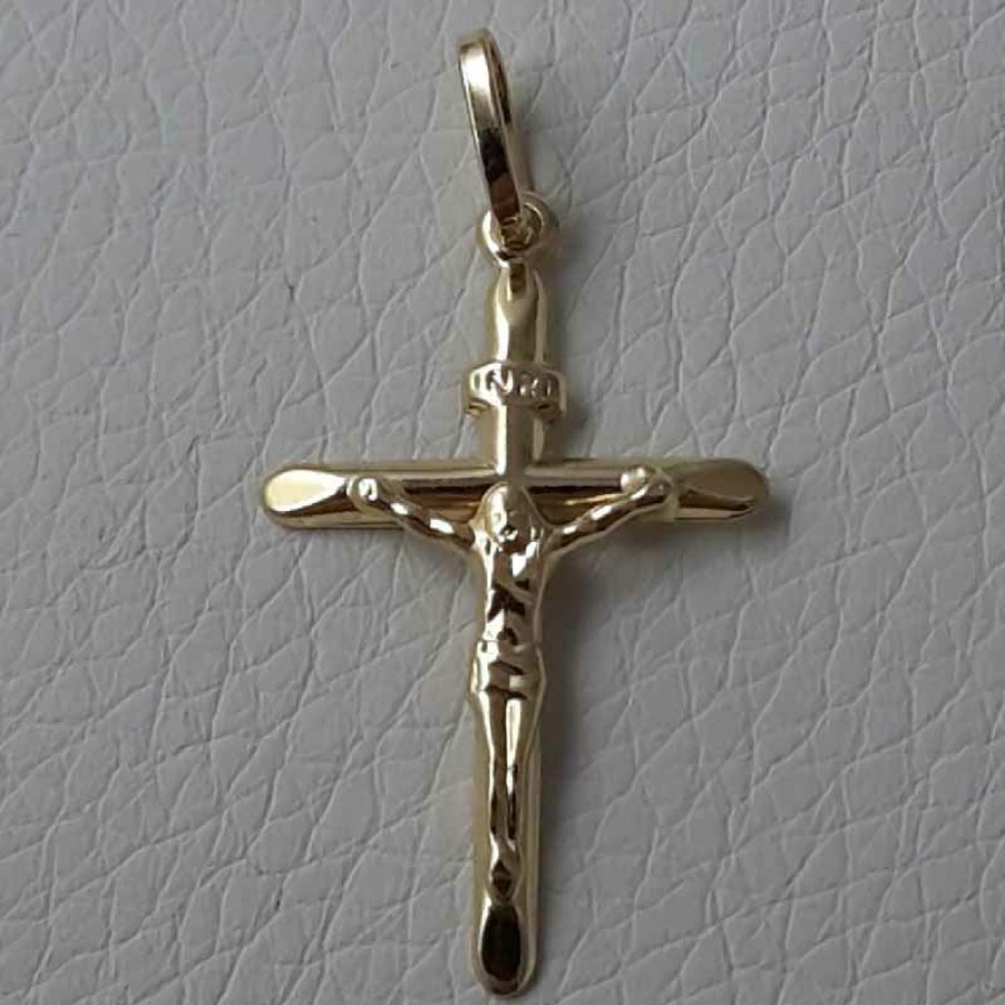 Vaticanum Gioielli in Oro Croce Con Corpo Di Cristo E Inri Scalpello Ciondolo Pendente Gr 0,8 Oro Giallo 18Kt A Canna Vuota Uni Donna Uomo First Communion