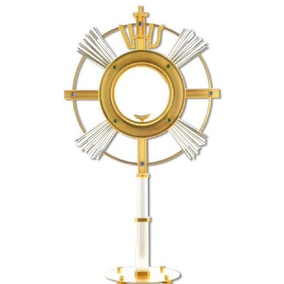 SEA Oggetti Liturgici in Oro e Argento Ostensorio Con Lunetta H. Cm 70 (27,6 Inch) Con Pietre Blu Simbolo Ihs In Ottone Bicolore Esposizione Ostia Consacrata Church Furniture