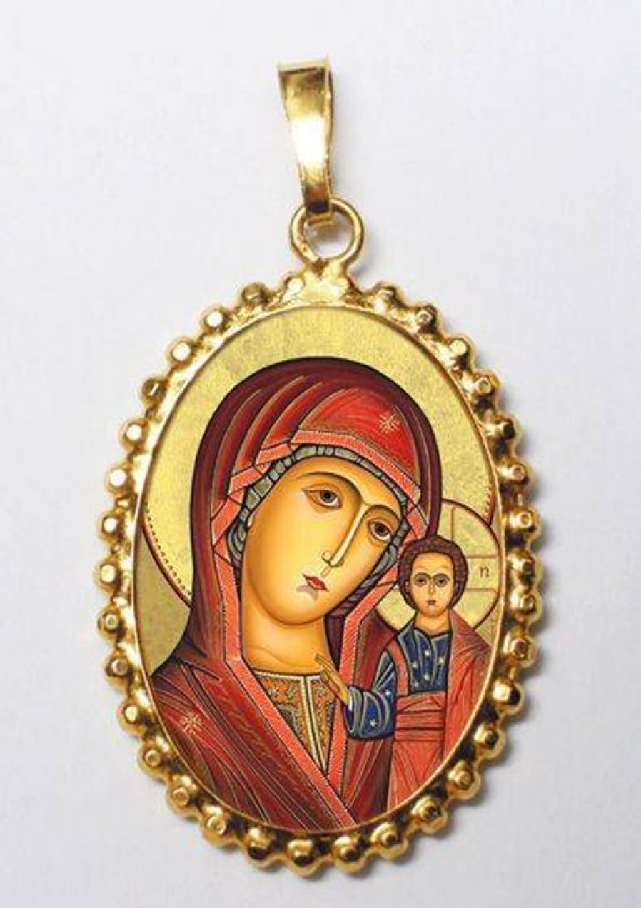 EB Arte Sacra La Madonna Di Kazan Ciondolo Pendente Ovale A Corona Mm 24X30 (0,94X1,18 Inch) Argento Placcato Oro E Porcellana Da Donna Confirmation