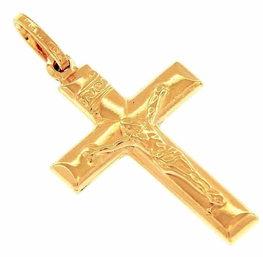 Vaticanum Gioielli in Oro Croce Dritta Con Corpo Di Cristo E Inri Scalpello Ciondolo Pendente Gr 1,9 Oro Giallo 18Kt A Canna Vuota Uni Donna Uomo First Communion