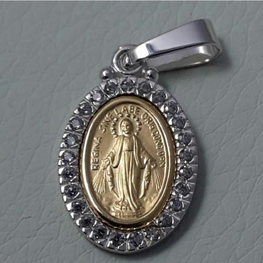 Vaticanum Gioielli in Oro Madonna Miracolosa Con Corona Punti Luce Medaglia Sacra Pendente Ovale Conio Gr 3 Bicolore Oro Giallo Bianco 18Kt Con Zirconi Da Donna Baptism