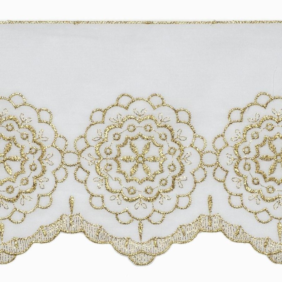 Tessuti al metro per Paramenti Pizzo Rosone H. Cm 14 (5,5 Inch) Puro Cotone Oro Ricamo Merletto Bordo Bordura Per Paramenti Ecclesiastical Fabrics And Passementerie