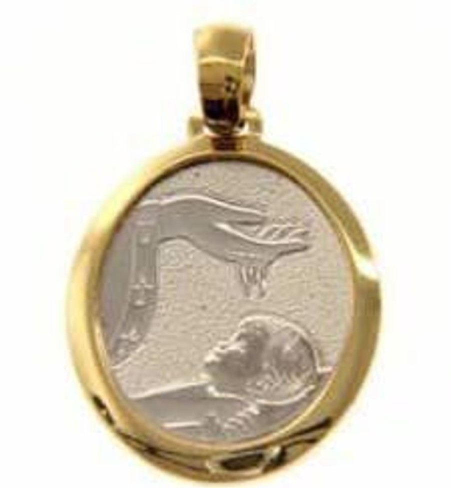 Vaticanum Gioielli in Oro Battesimo Dono Di Dio Medaglia Sacra Pendente Tonda Battesimo Gr 2,4 Bicolore Oro Giallo Bianco 18Kt Per Bebe (Bimba E Bimbo) Baptism