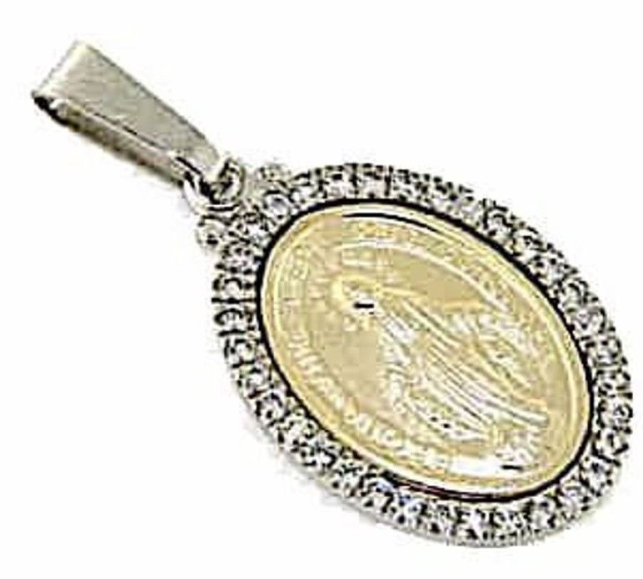 Vaticanum Gioielli in Oro Madonna Miracolosa Con Corona Punti Luce Medaglia Sacra Pendente Ovale Conio Gr 3,9 Bicolore Oro Giallo Bianco 18Kt Con Zirconi Da Donna Baptism