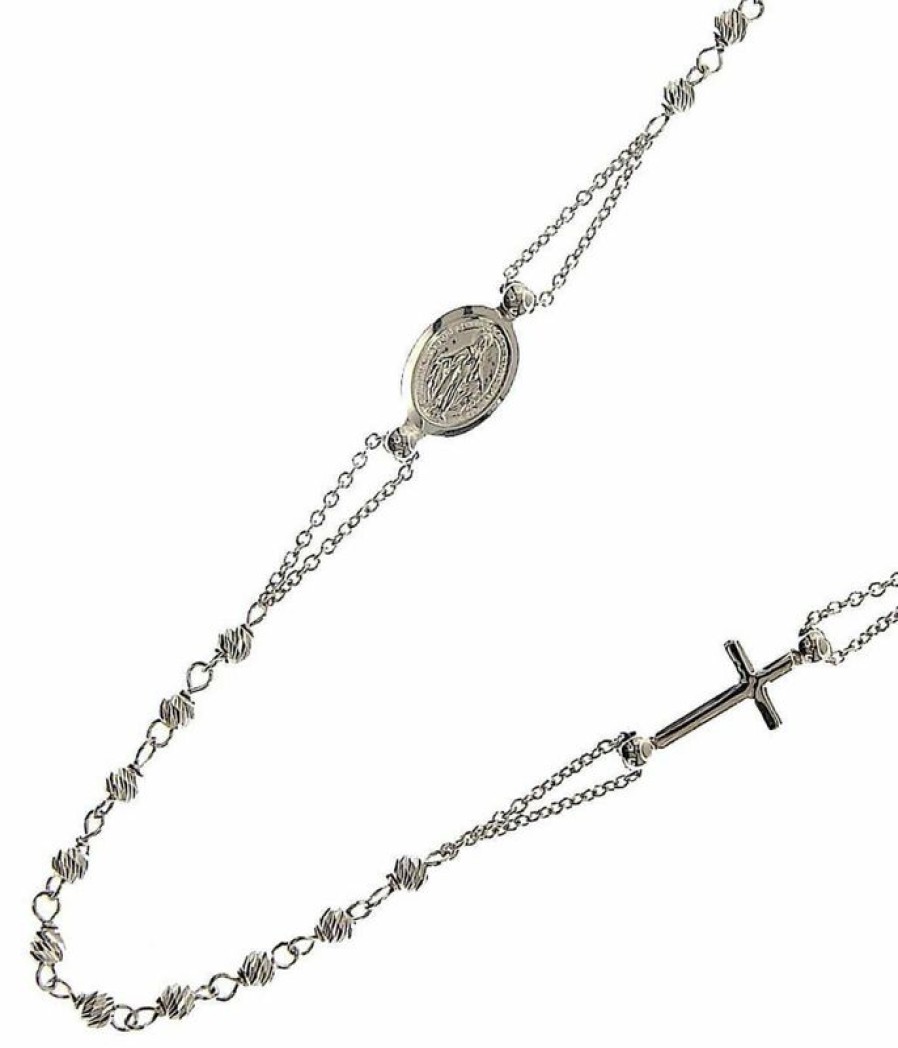 Vaticanum Gioielli in Oro Collana Girocollo Rosario Con Medaglia Madonna Miracolosa E Croce Gr 4,8 Oro Bianco 18Kt Con Sfere Diamantate Da Donna Baptism