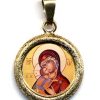 EB Arte Sacra La Vergine Di Vladimir Ciondolo Pendente Tondo Diamantato Diam Mm 19 (0,75 Inch) Argento Placcato Oro E Porcellana Uni Uomo Donna Confirmation