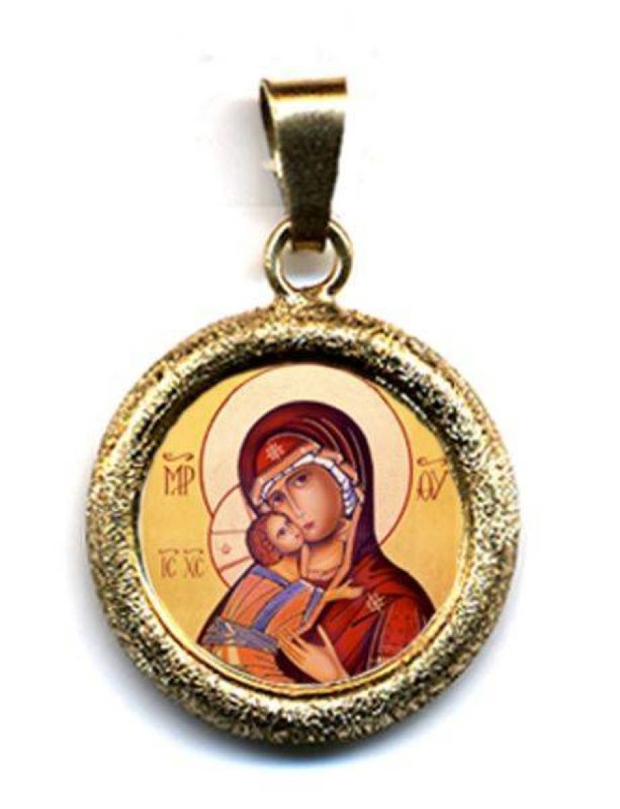 EB Arte Sacra La Vergine Di Vladimir Ciondolo Pendente Tondo Diamantato Diam Mm 19 (0,75 Inch) Argento Placcato Oro E Porcellana Uni Uomo Donna Confirmation