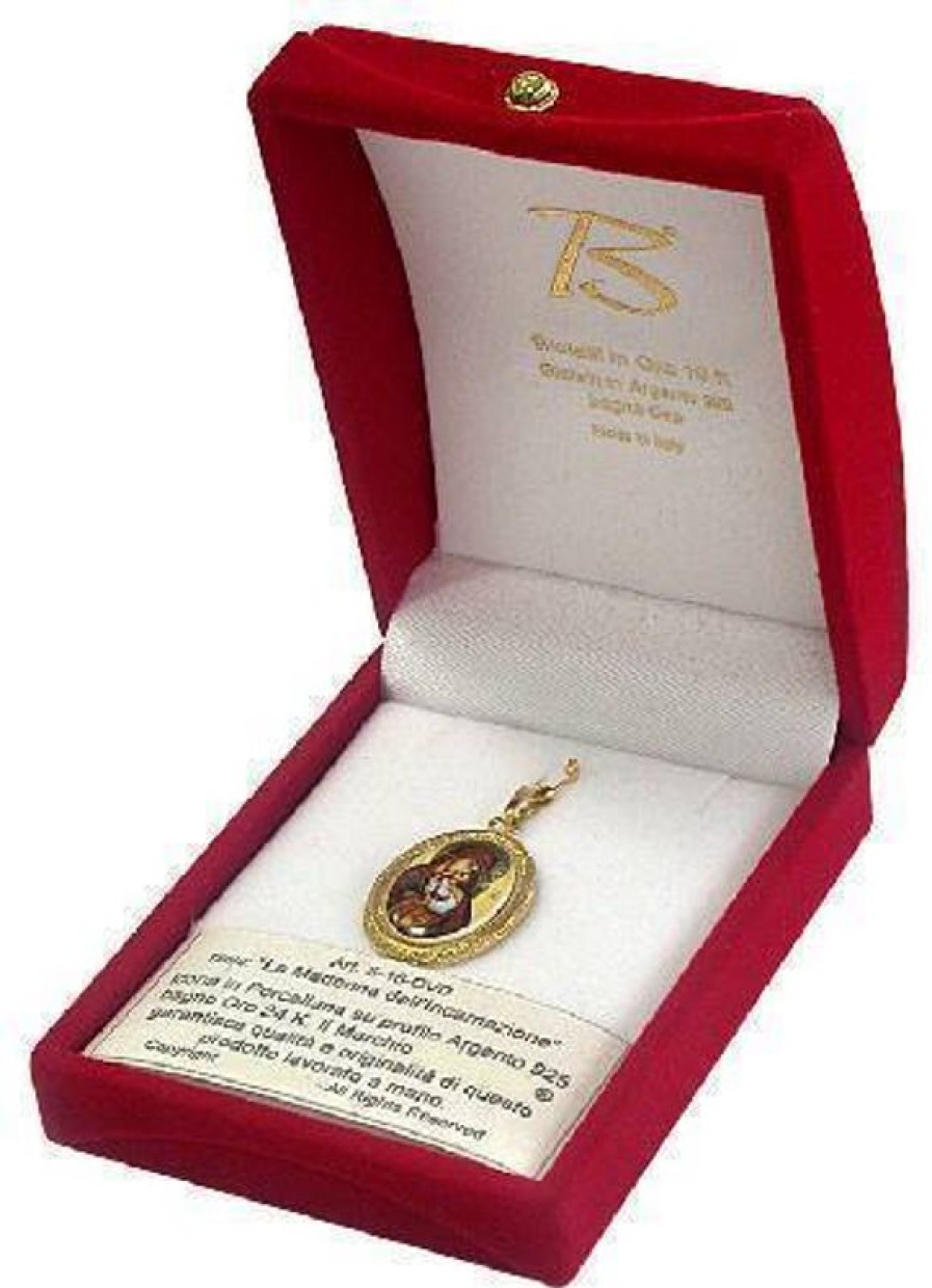 EB Arte Sacra La Vergine Di Vladimir Ciondolo Pendente Tondo Diamantato Diam Mm 19 (0,75 Inch) Argento Placcato Oro E Porcellana Uni Uomo Donna Confirmation