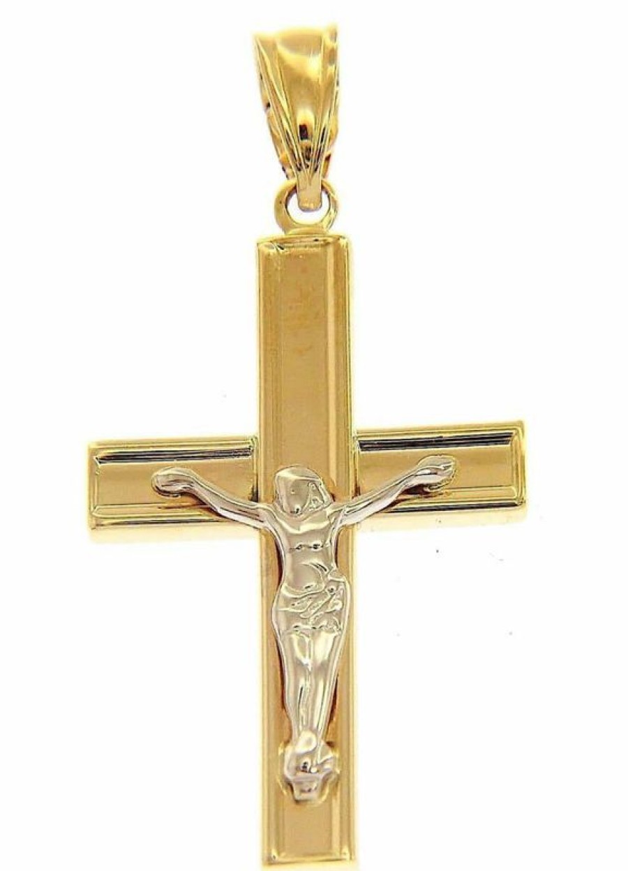 Vaticanum Gioielli in Oro Croce Dritta Con Corpo Di Cristo Ciondolo Pendente Gr 1,05 Bicolore Oro Giallo Bianco 9Kt Uni Donna Uomo First Communion