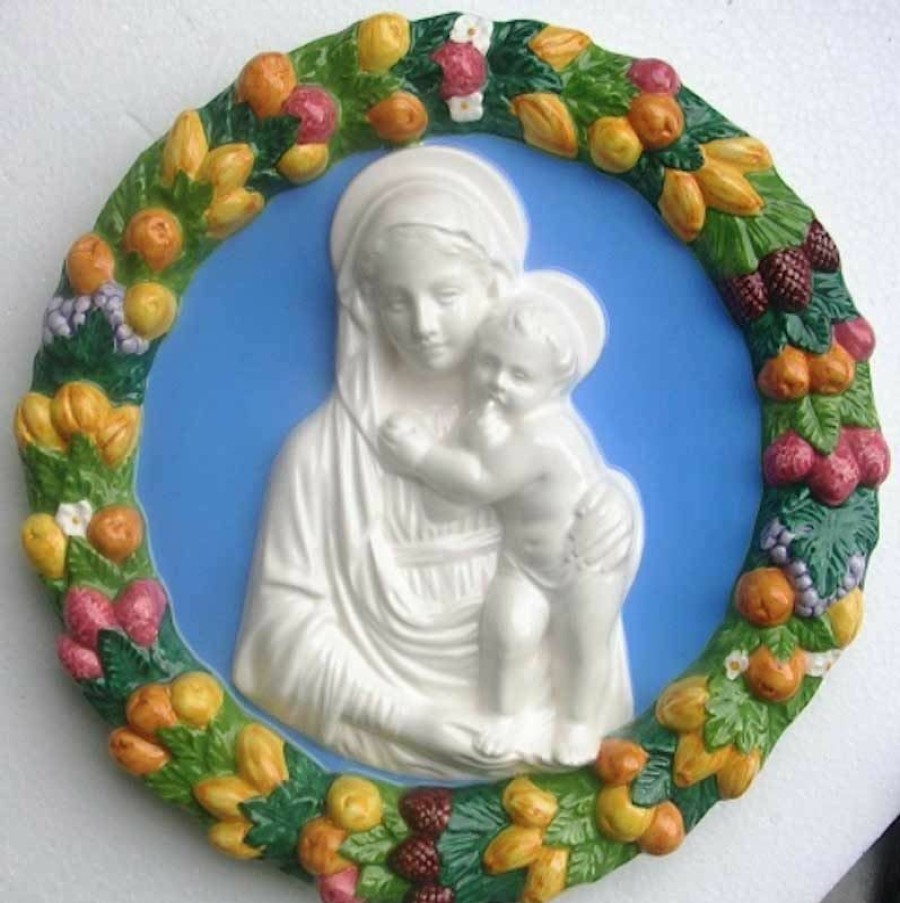 Luca della Robbia Ceramiche Madonna Con Bambino Tondo Da Parete Diam. Cm 35 (13,8 In) Bassorilievo Maiolica Robbiana Sacred & Religious Ceramics