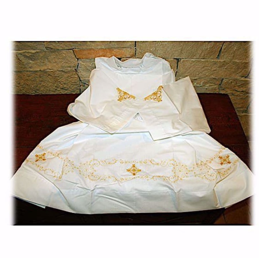 Confezioni e Ricami 1926 - Paramenti Sacri su Misura Su Misura Camicione Liturgico Collo Chiuso Ricamo Oro Arabesco Misto Cotone Bianco Catholic Priest & Liturgical Vestments