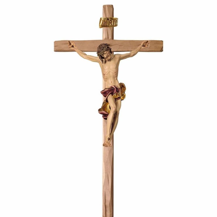 ULPE Crocifisso Nazareno Barocco Romanico Crocifisso Barocco Rosso Su Croce Dritta Cm 84X44 (33,1X17,3 Inch) Scultura Da Parete Dipinta Ad Olio In Legno Val Gardena Saints Statues