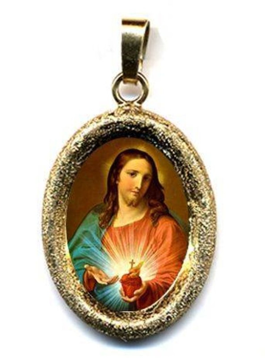 EB Arte Sacra Sacro Cuore Di Gesu Ciondolo Pendente Ovale Diamantato Mm 19X24 (0,75X0,95 Inch) Argento Placcato Oro E Porcellana Uni Uomo Donna Italian Rosaries & Made In Italy Jewelry