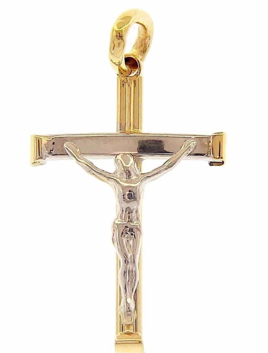 Vaticanum Gioielli in Oro Croce Moderna Con Corpo Di Cristo Ciondolo Pendente Gr 1,2 Bicolore Oro Giallo Bianco 18Kt A Canna Vuota Uni Donna Uomo Confirmation