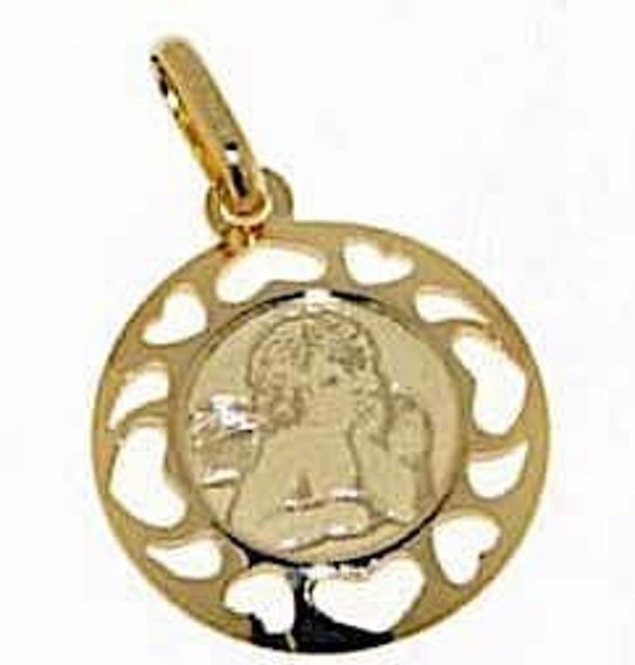 Vaticanum Gioielli in Oro Angelo Di Raffaello Medaglia Sacra Pendente Tonda Gr 1 Oro Giallo 18Kt Con Cornice A Cuori Donna Bimba Bimbo Baptism