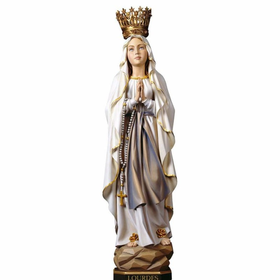 ULPE Sculture Sacre in legno Val Gardena Madonna Nostra Signora Di Lourdes Con Corona Cm 55 (21,7 Inch) Statua Dipinta Ad Olio In Legno Val Gardena Religious & Catholic Necklaces