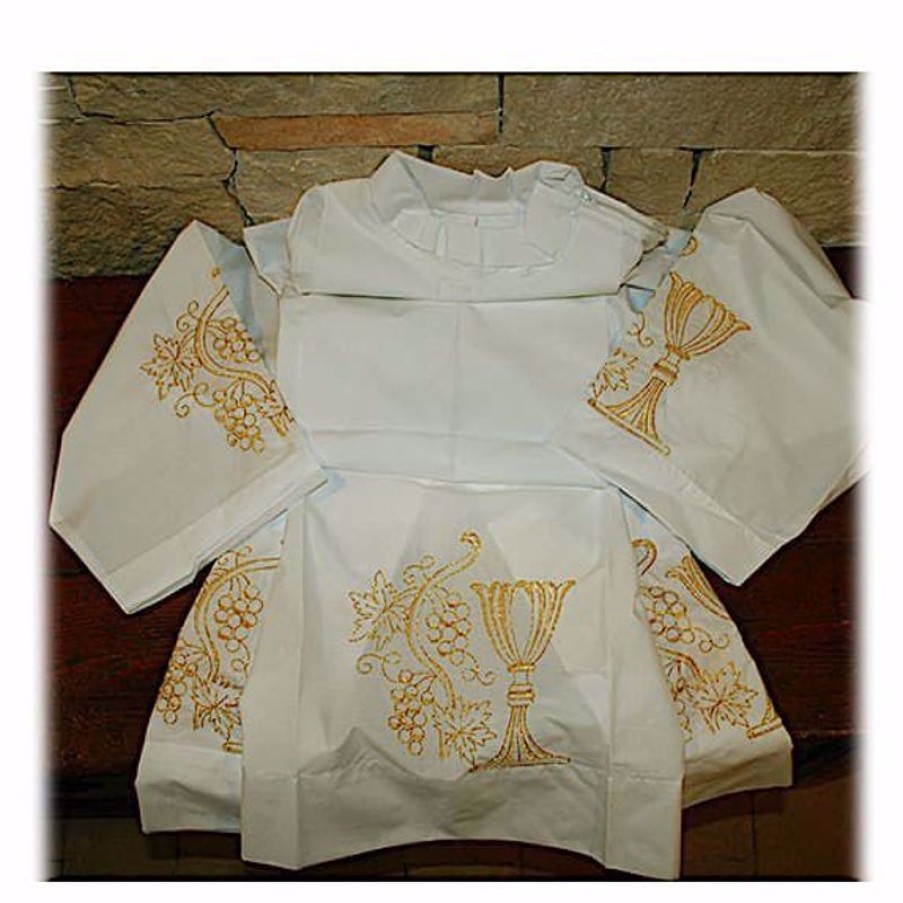 Confezioni e Ricami 1926 - Paramenti Sacri su Misura Su Misura Camicione Liturgico Collo Chiuso Ricamo Oro Calice Uva Misto Cotone Bianco Catholic Priest & Liturgical Vestments