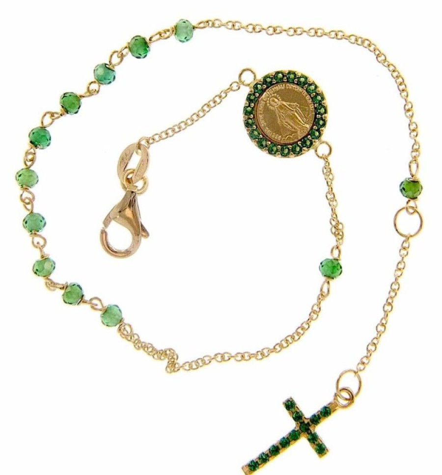 Vaticanum Gioielli in Oro Bracciale Rosario Con Medaglia Madonna Miracolosa E Croce Punti Luce Gr 2,8 Oro Giallo 18Kt Con Zirconi Verdi Donna Bimba Bimbo Baptism