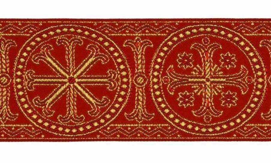 Tessuti al metro per Paramenti Gallone Bizantino Filo Oro Ruota H. Cm 9 (3,5 Inch) Poliestere Acetato Tessuto Per Paramenti Liturgici Ecclesiastical Fabrics And Passementerie