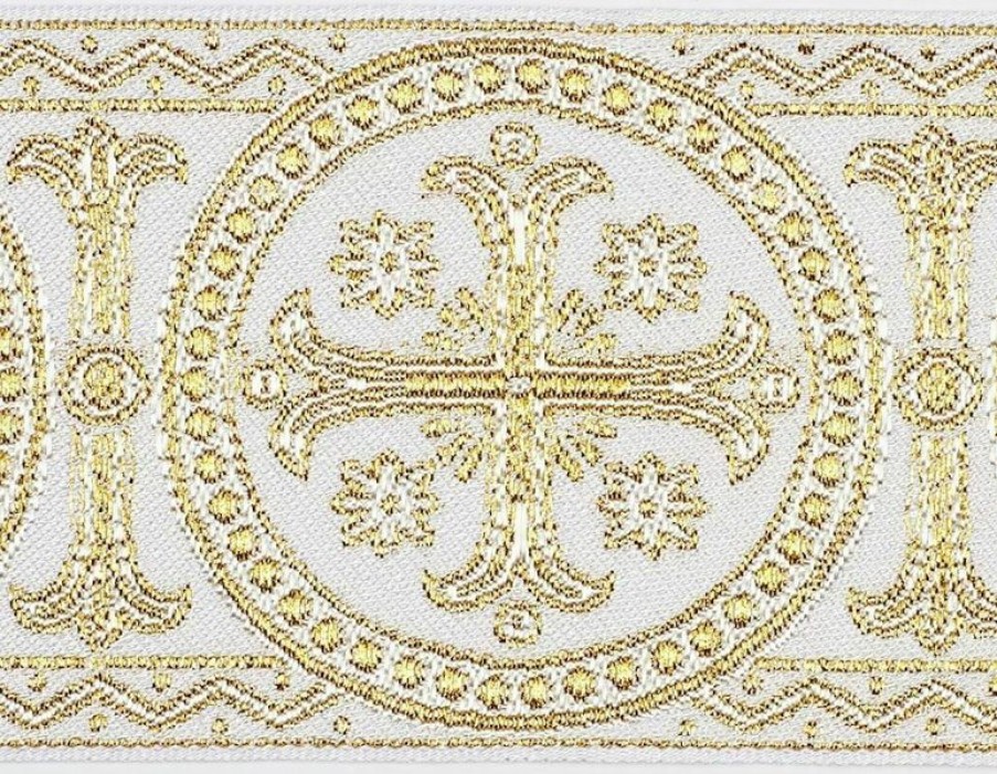 Tessuti al metro per Paramenti Gallone Bizantino Filo Oro Ruota H. Cm 9 (3,5 Inch) Poliestere Acetato Tessuto Per Paramenti Liturgici Ecclesiastical Fabrics And Passementerie