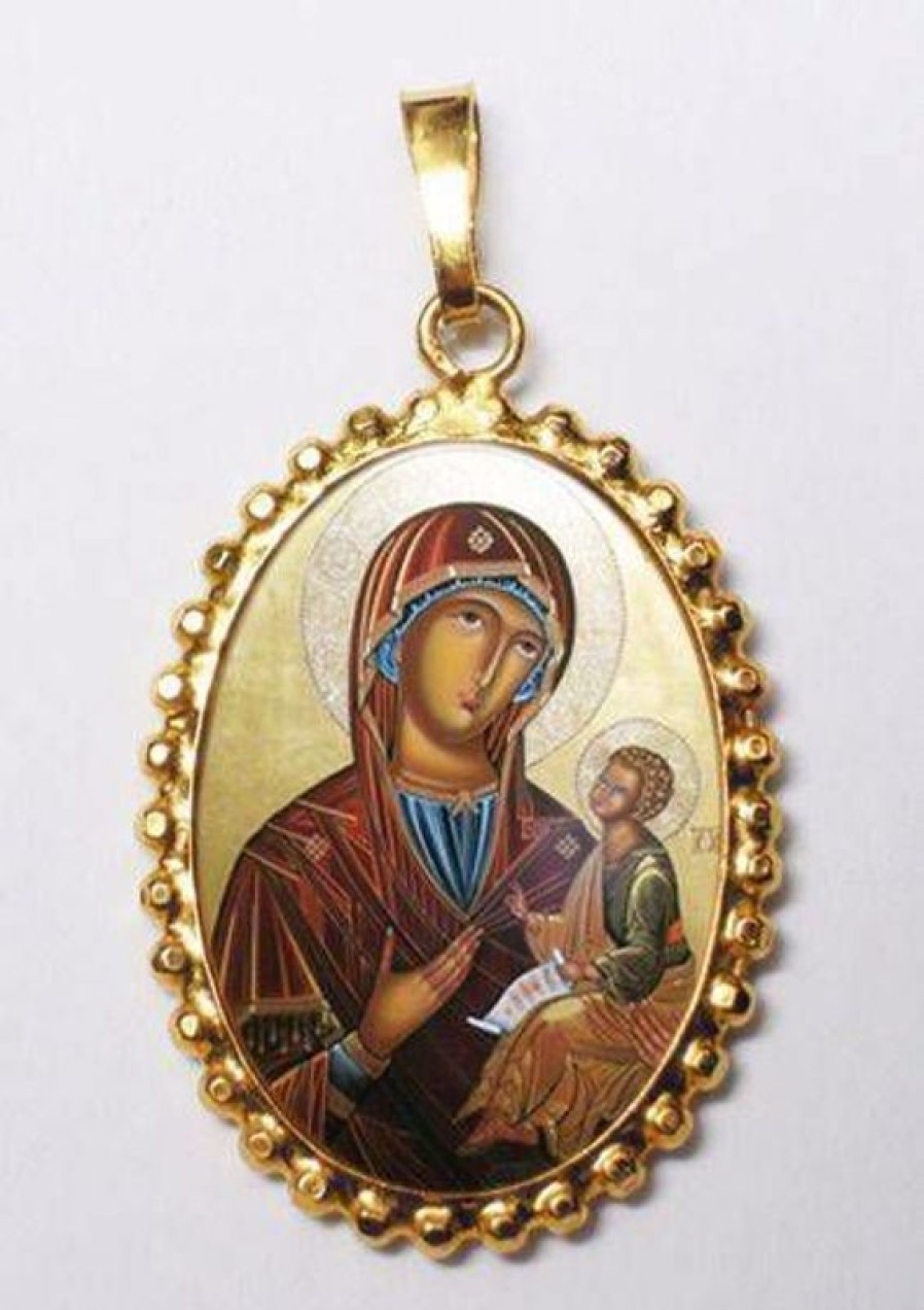 EB Arte Sacra Madonna Con Bambino Ciondolo Pendente Ovale A Corona Mm 24X30 (0,94X1,18 Inch) Argento Placcato Oro E Porcellana Da Donna Italian Rosaries & Made In Italy Jewelry