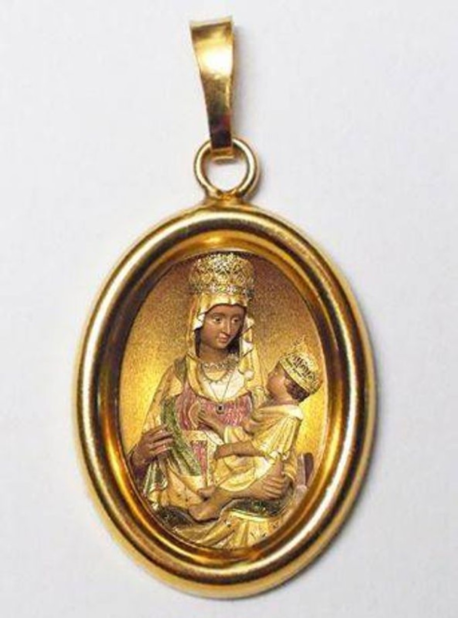 EB Arte Sacra Madonna Di Castelmonte Ciondolo Pendente Ovale Mm 19X24 (0,75X0,95 Inch) Argento Placcato Oro E Porcellana Uni Uomo Donna Italian Rosaries & Made In Italy Jewelry