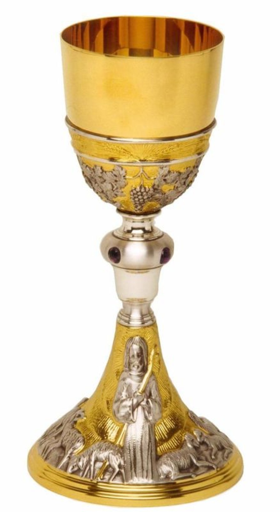 MAS Arredi sacri in Oro e Argento Calice Liturgico H. Cm 22,5 (8,9 Inch) Gesu Buon Pastore Uva Spighe Ottone Coppa Argento 800/1000 Bicolor Da Altare Per Vino Da Messa Sacred Altar Vessels