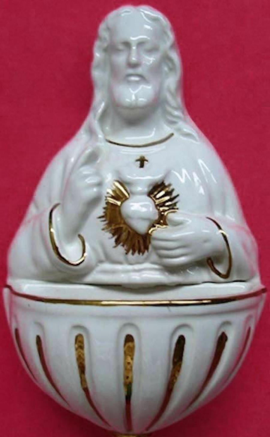 Maioliche Deruta Sacro Cuore Di Gesu Acquasantiera Cm 15 (5,9 In) Ceramica Invetriata Bianca Filo Oro Sacred & Religious Ceramics