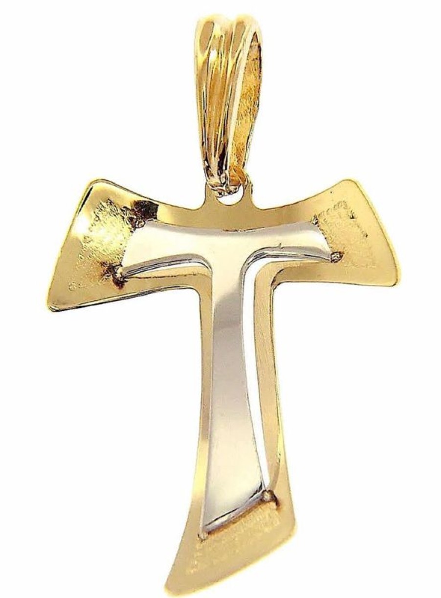 Vaticanum Gioielli in Oro Croce Tau Di San Francesco Doppia Traforata Ciondolo Pendente Gr 1 Bicolore Oro Giallo Bianco 18Kt Lastra Stampata A Rilievo Uni Donna Uomo Confirmation