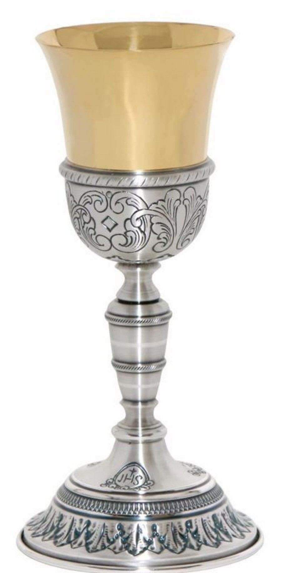 MAS Arredi sacri in Oro e Argento Calice Liturgico H. Cm 25 (9,8 Inch) A C Lla Con Foglie Simbolo Ihs In Ottone Cesellato Da Altare Per Vino Da Messa Sacred Altar Vessels