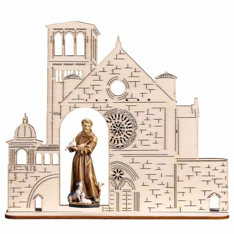 ULPE Sculture Sacre in legno Val Gardena Statua San Francesco D´Assisi Con Animali Con Basilica Cm 13,5X16,5 (5,3X6,5 Inch) Dipinta Ad Olio In Legno Val Gardena Cross Pendant