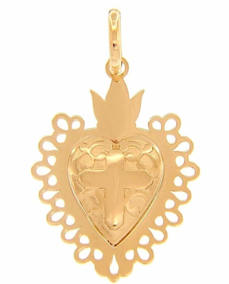 Vaticanum Gioielli in Oro Ex Voto Sacro Cuore Di Gesu Con Croce E Bordo Traforato Ciondolo Pendente Moda Gr 2,1 Oro Giallo 18Kt Da Donna Confirmation