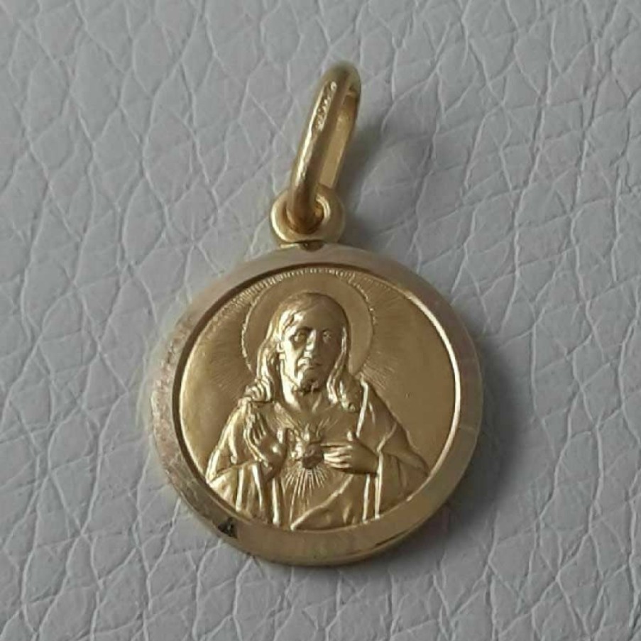 Vaticanum Gioielli in Oro Sacro Cuore Di Gesu Medaglia Sacra Pendente Tonda Conio Gr 2,1 Oro Giallo 18Kt Con Bordo Liscio Uni Donna Uomo Italian Rosaries & Made In Italy Jewelry