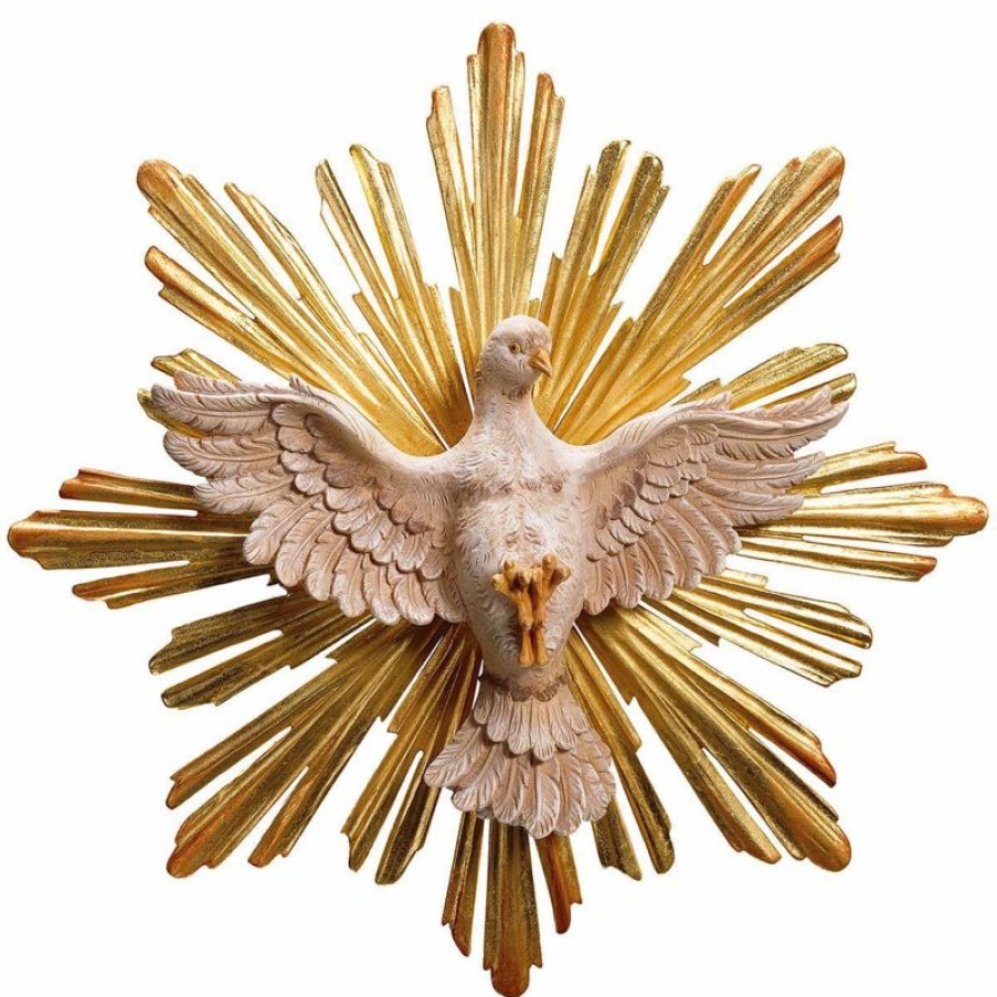 ULPE Sculture Sacre in legno Val Gardena Colomba Dello Spirito Santo Con Raggiera Set 2 Pezzi Cm 18 (7,1 Inch) Scultura Dipinta Ad Olio In Legno Val Gardena First Communion