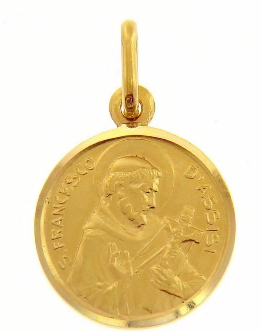 Vaticanum Gioielli in Oro San Francesco D'Assisi Medaglia Sacra Pendente Tonda Conio Gr 2,6 Oro Giallo 18Kt Con Bordo Liscio Uni Donna Uomo Italian Rosaries & Made In Italy Jewelry