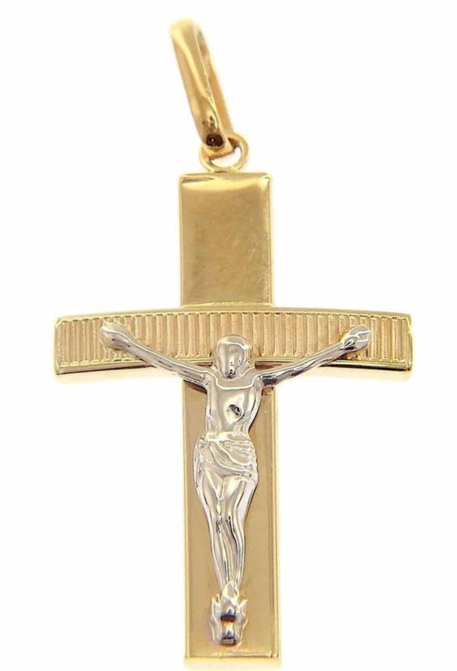 Vaticanum Gioielli in Oro Croce Dritta Con Braccio Lavorato E Corpo Di Cristo Ciondolo Pendente Gr 1,05 Bicolore Oro Giallo Bianco 9Kt Uni Donna Uomo First Communion