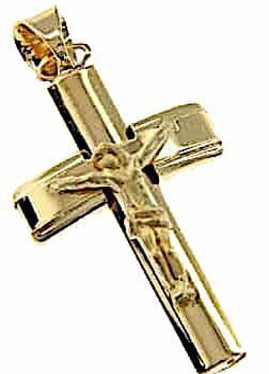 Vaticanum Gioielli in Oro Croce Bombata A Colonna Con Corpo Di Cristo Ciondolo Pendente Gr 4 Oro Giallo 18Kt A Canna Vuota Uni Donna Uomo First Communion