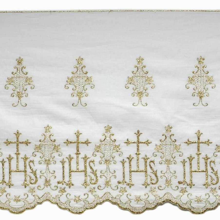 Tessuti al metro per Paramenti Pizzo Simbolo Jhs Crociato H. Cm 27 (10,6 Inch) Puro Cotone Bianco/ Ricamo Merletto Bordo Bordura Per Paramenti Ecclesiastical Fabrics And Passementerie