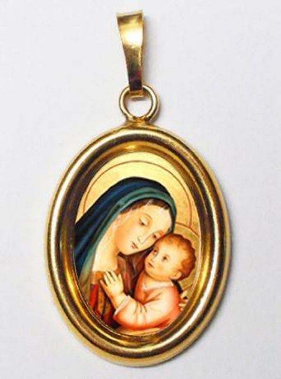 EB Arte Sacra Madonna Del Buon Consiglio Ciondolo Pendente Ovale Mm 19X24 (0,75X0,95 Inch) Argento Placcato Oro E Porcellana Uni Uomo Donna Italian Rosaries & Made In Italy Jewelry