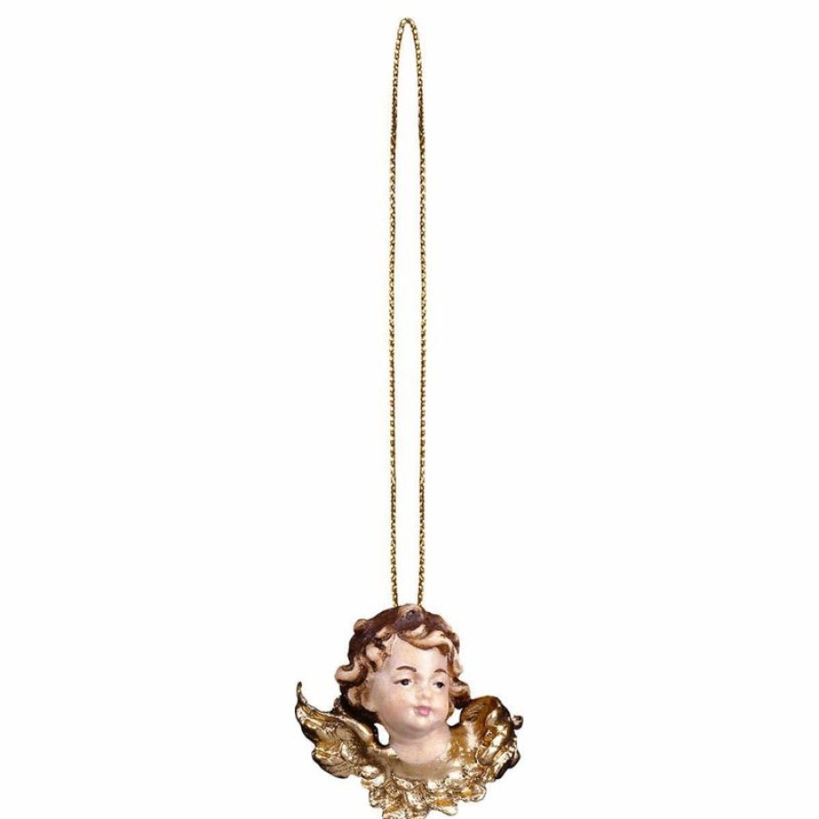 ULPE Addobbi Natalizi in legno Testina D´Angelo Sinistra Con Filo D\\\\\\\\'Oro Cm 3 (1,2 Inch) Decorazione Albero Natale Dipinta Ad Olio In Legno Val Gardena Baptism