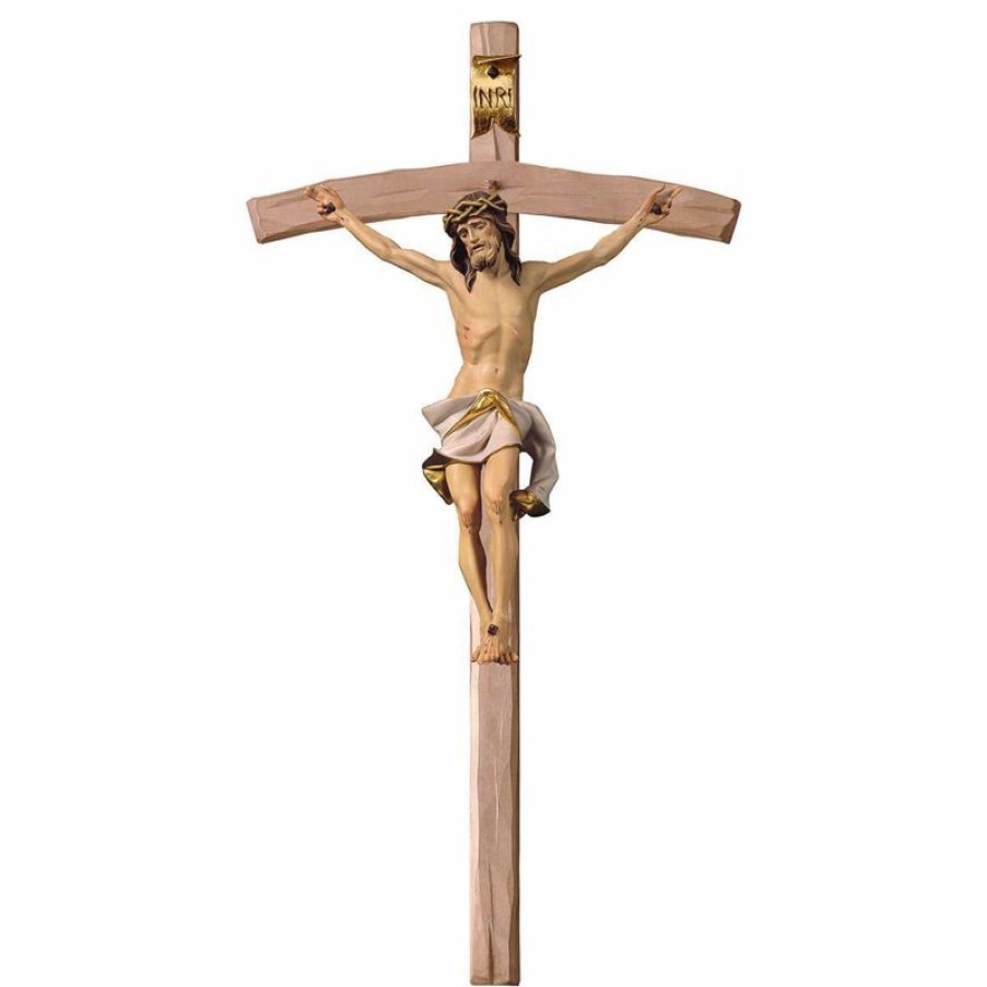 ULPE Crocifisso Nazareno Barocco Romanico Crocifisso Nazareno Bianco Su Croce Curva Cm 67X35 (26,4X13,8 Inch) Scultura Da Parete Dipinta Ad Olio In Legno Val Gardena Saints Statues