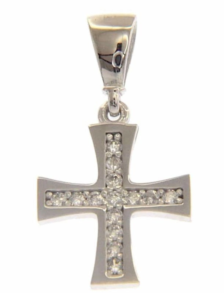 Vaticanum Gioielli in Oro Croce Patente Con Punti Luce Ciondolo Pendente Gr 0,8 Oro Bianco 18Kt Con Zirconi Da Donna First Communion